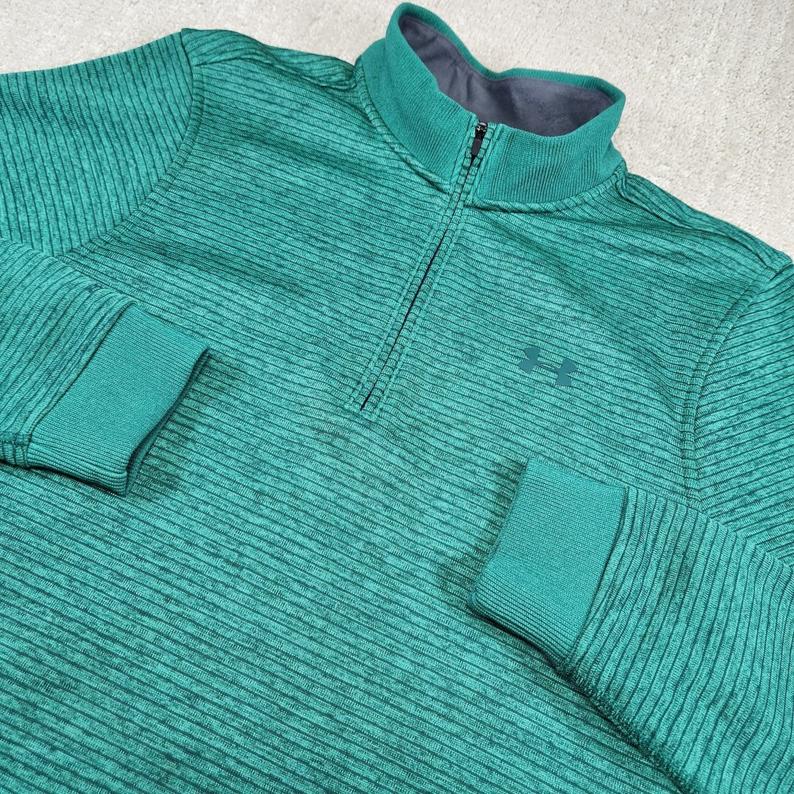 Under Armour Sweater Fleece Men Medium 1/4 Zip Pullover Green Striped Coldgear